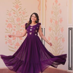 Women's Elegant Plum Purple Georgette Anarkali Gown with Butterfly Applique & Ruffle Sleeves – Festive & Special Occasion Wear